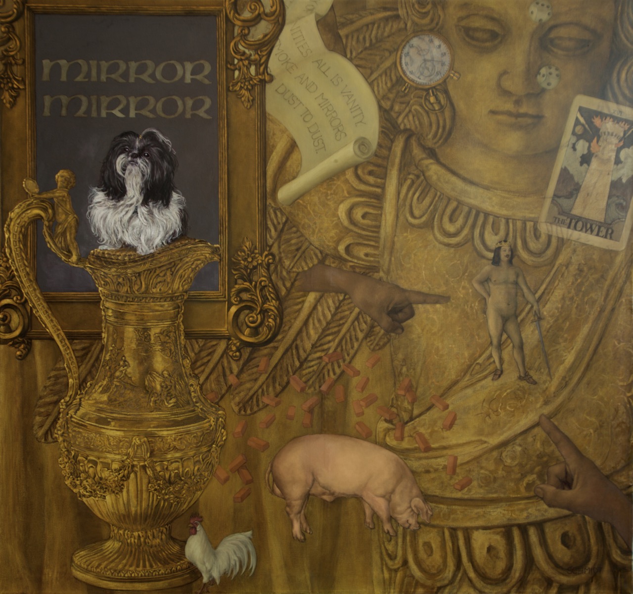 all gold painting, giant angel, the emperor from 'the emperor's new clothes', a 'cock' , the 3 little pigs, the tower of Babel, verse about vanity from the Bible,mirror mirror on the wall...illuminated manuscript inspiration and Bowie