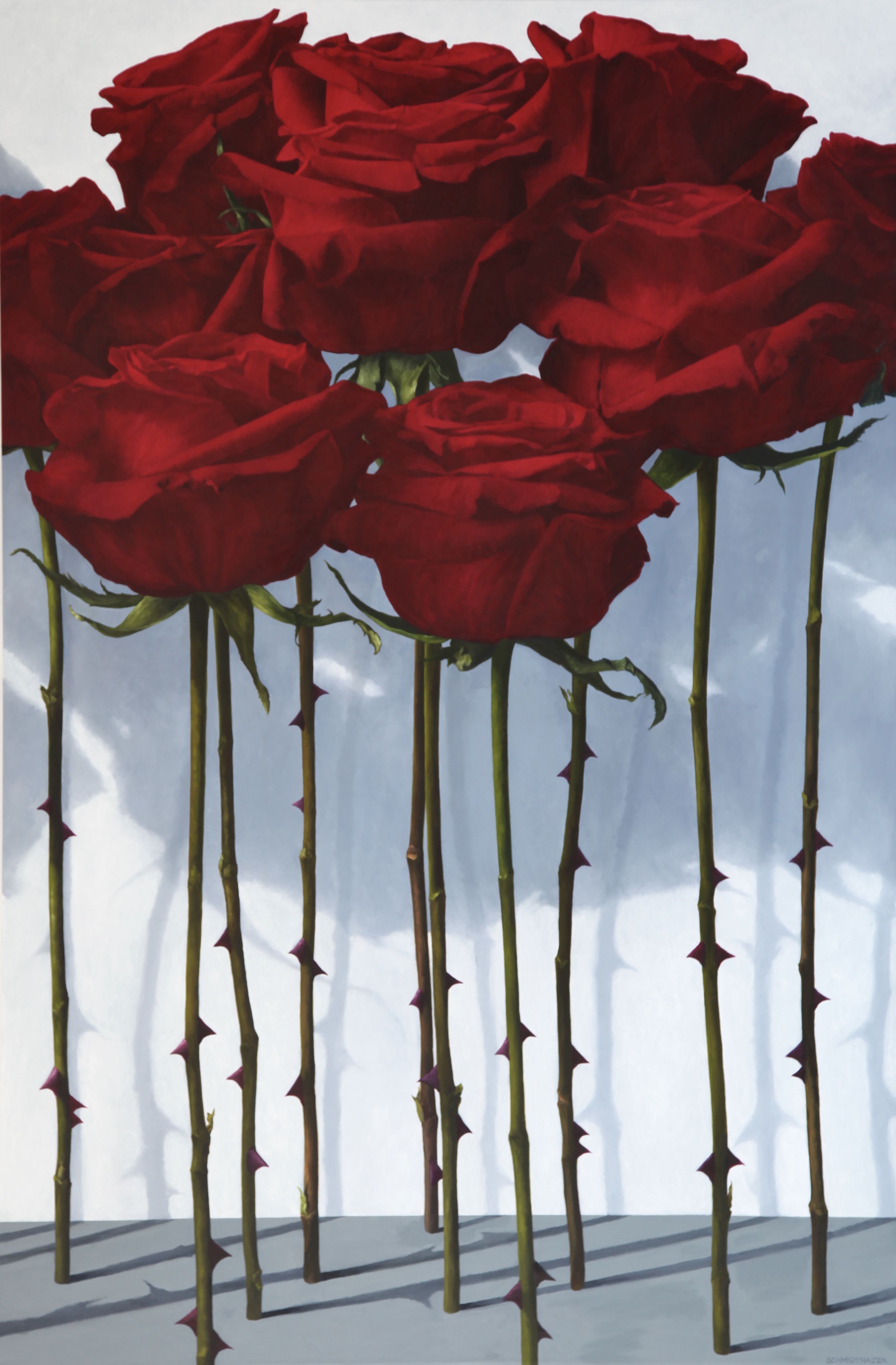 right panel of red roses, diptych, in front of white wall with shadows