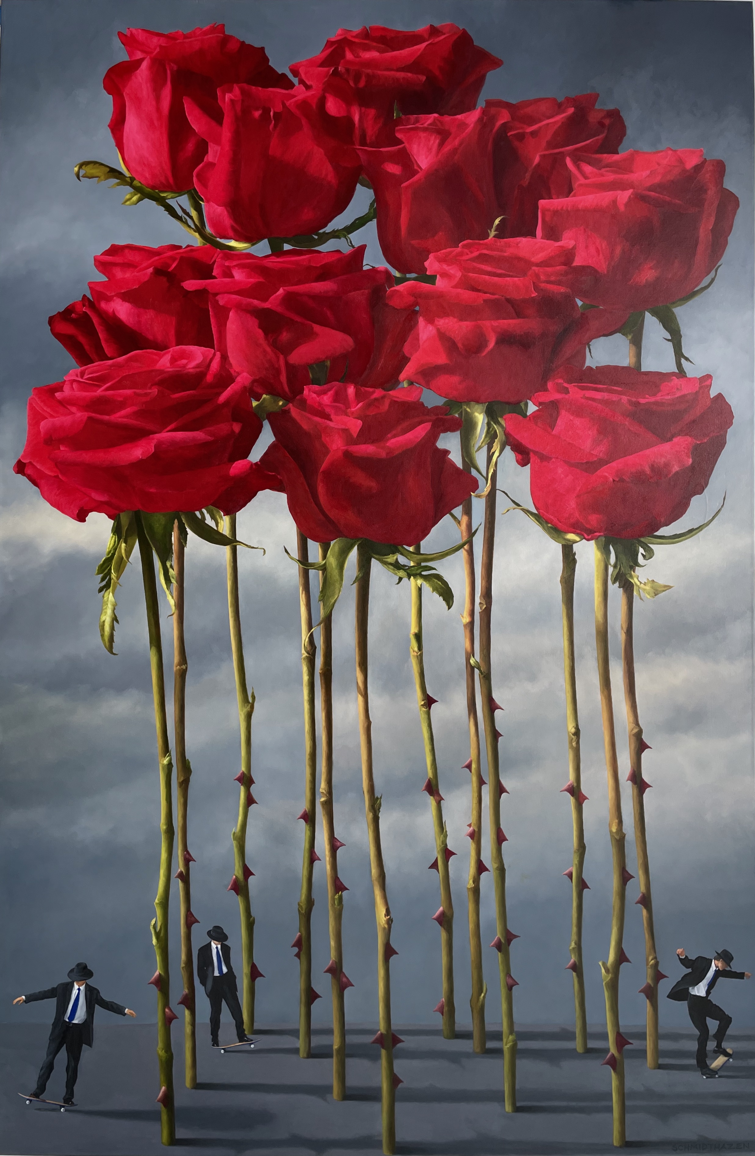 RED ROSES, SKATEBOARDERS, SKY