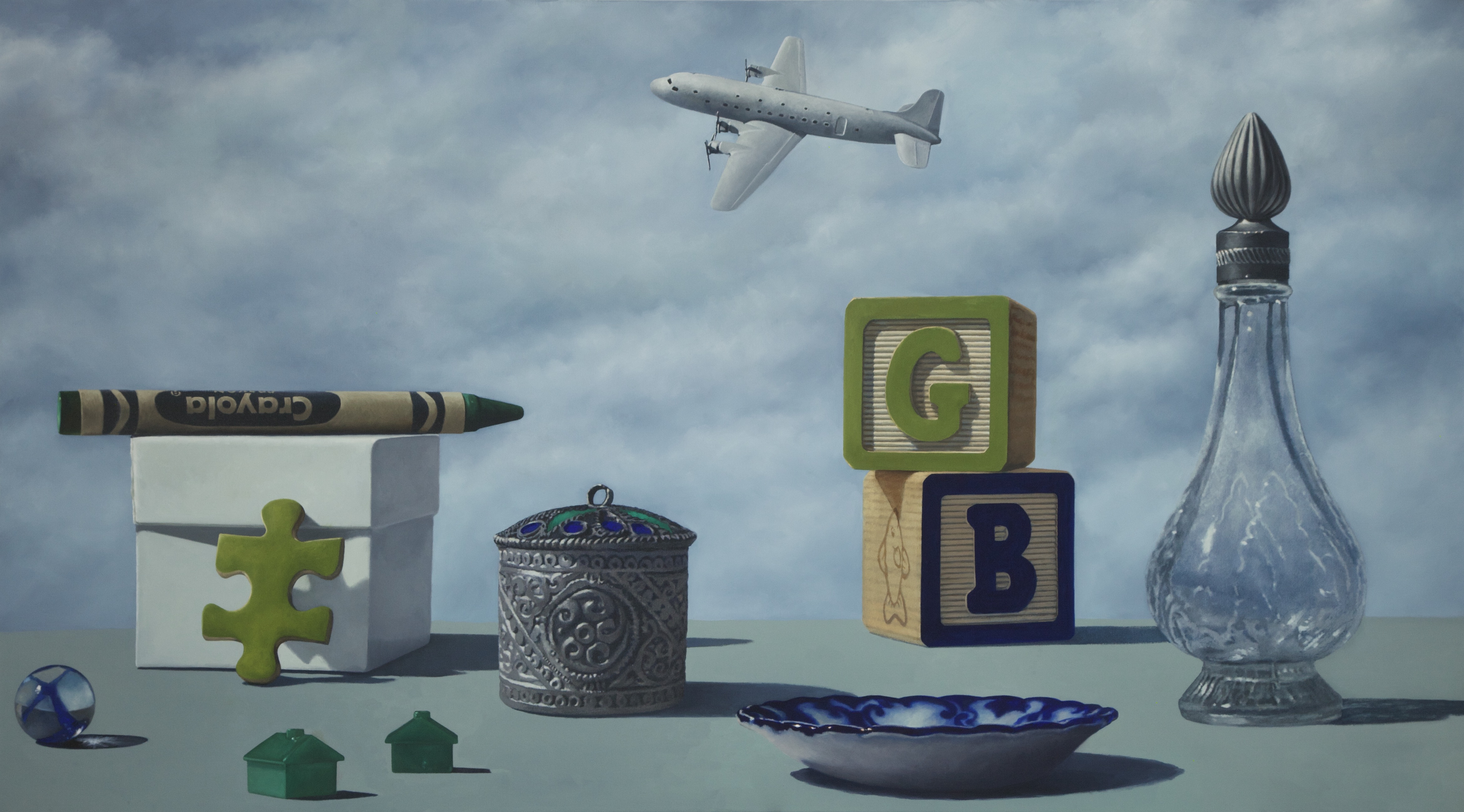 still life landscape with objects, sky and airplane 