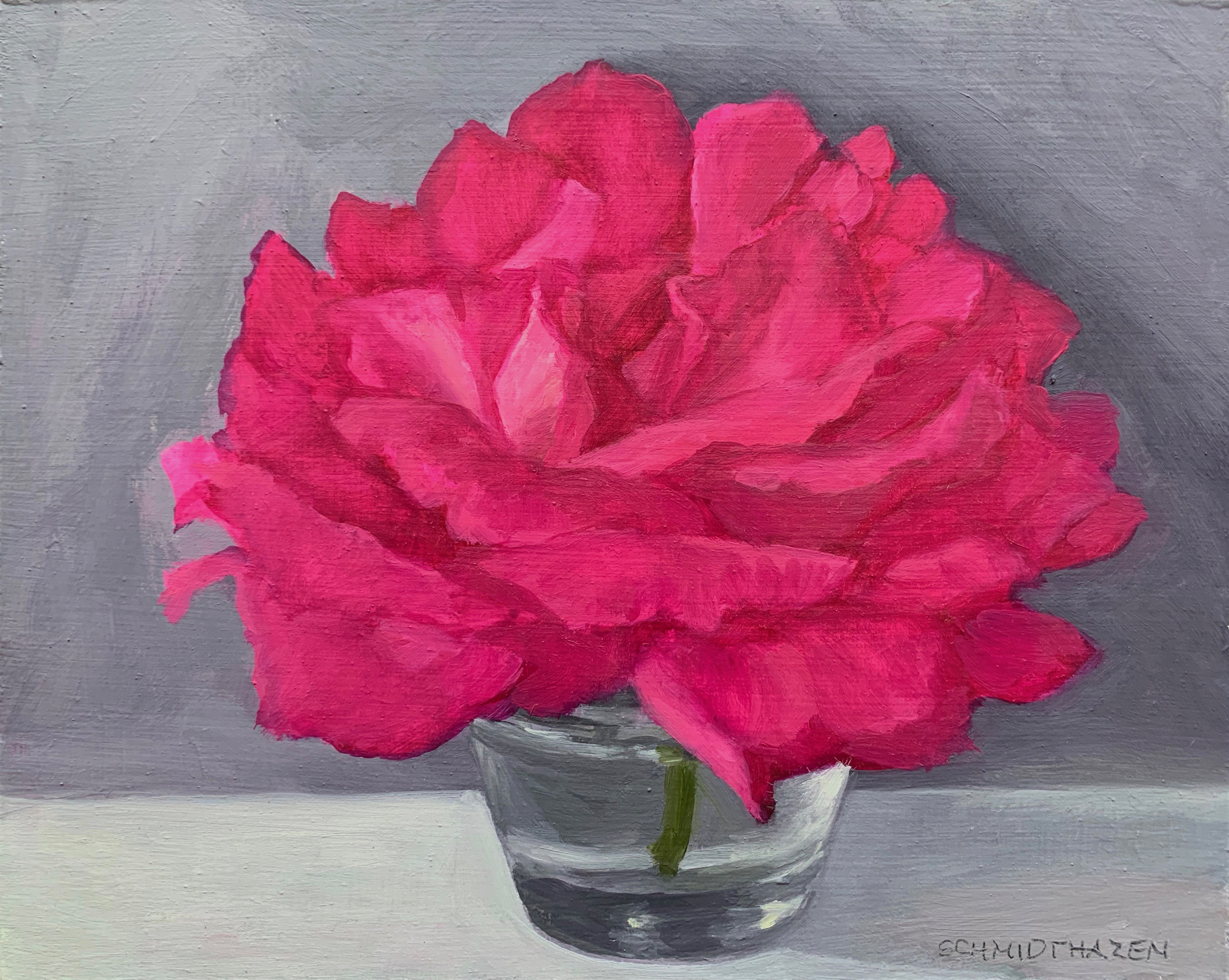 fuchsia rose in clear glass vichy jar with gray background